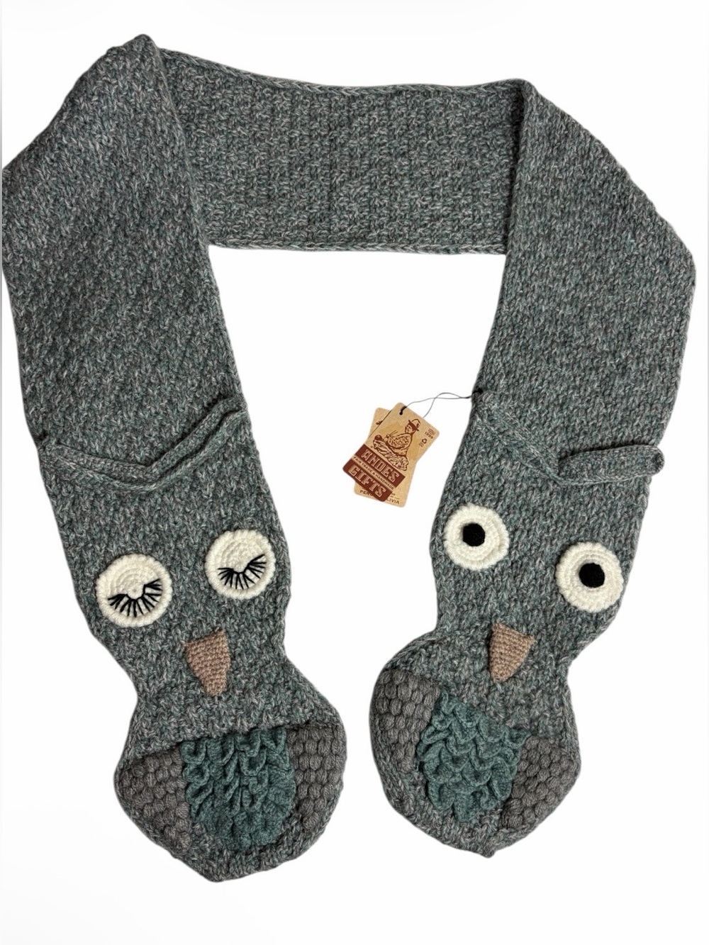 NWT Andes Gifts Handmade gray whimsical owl scarf wrap fair trade